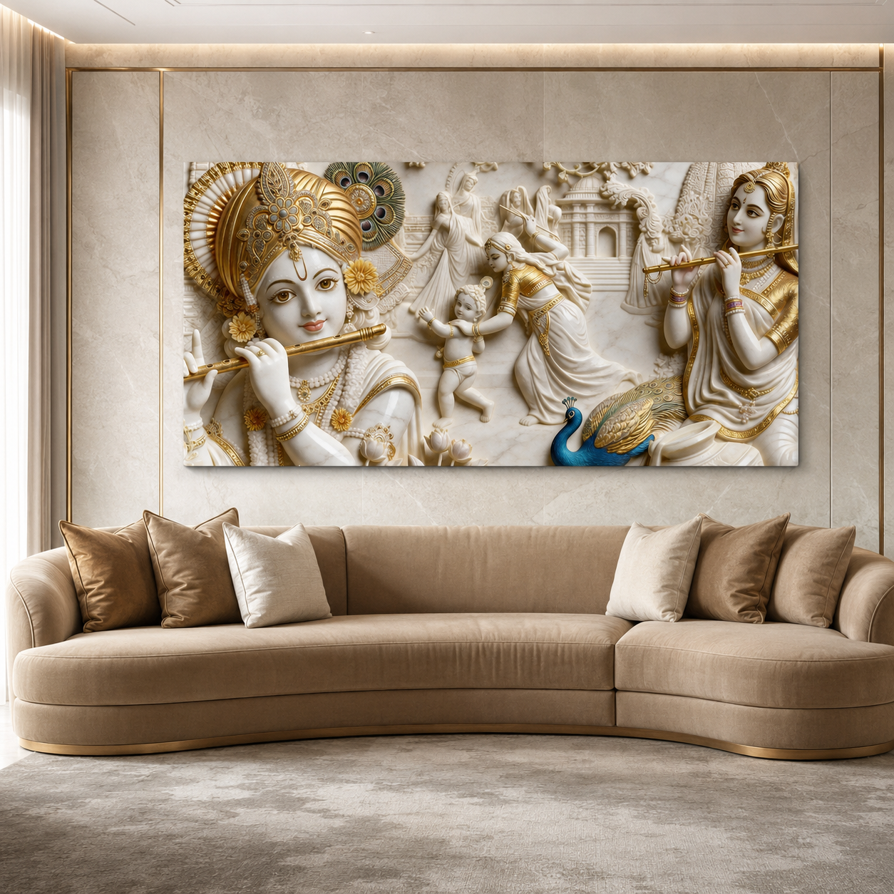 Artistic 3D Lord Krishna Flute and Radha White Gold Canvas Wall Art