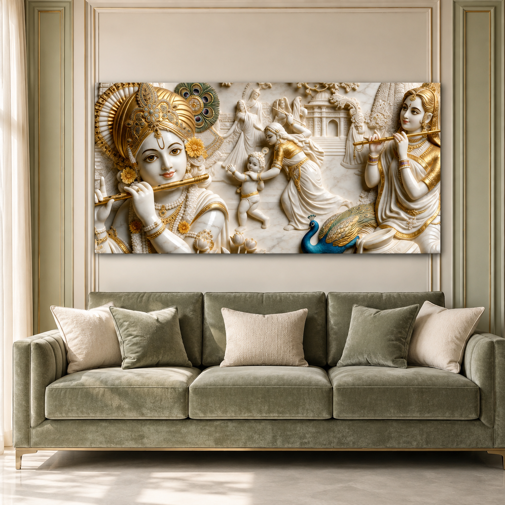 Artistic 3D Lord Krishna Flute and Radha White Gold Canvas Wall Art