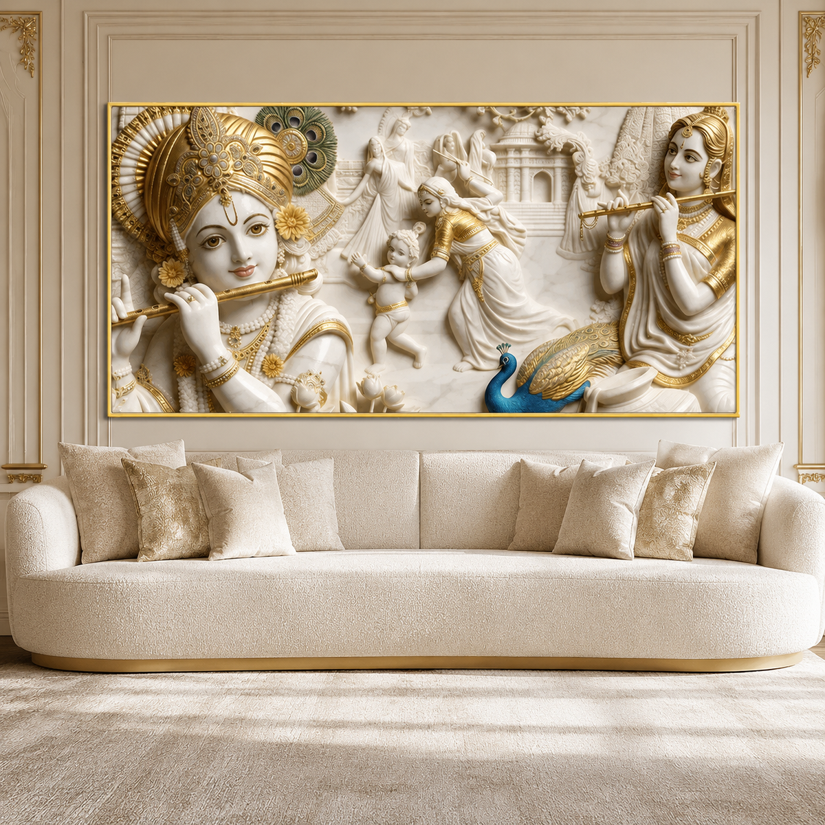 Artistic 3D Lord Krishna Flute and Radha White Gold Canvas Wall Art