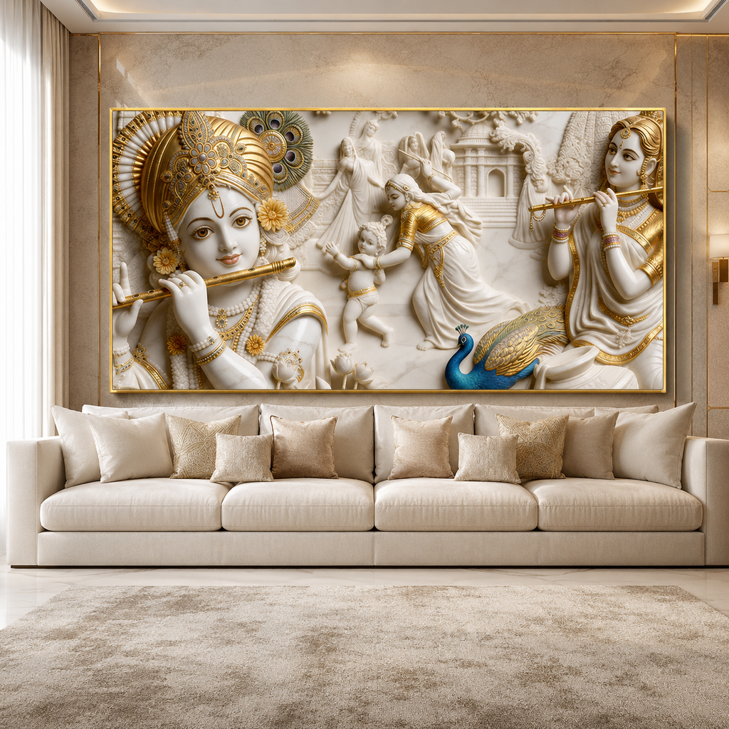 Artistic 3D Lord Krishna Flute and Radha White Gold Canvas Wall Art