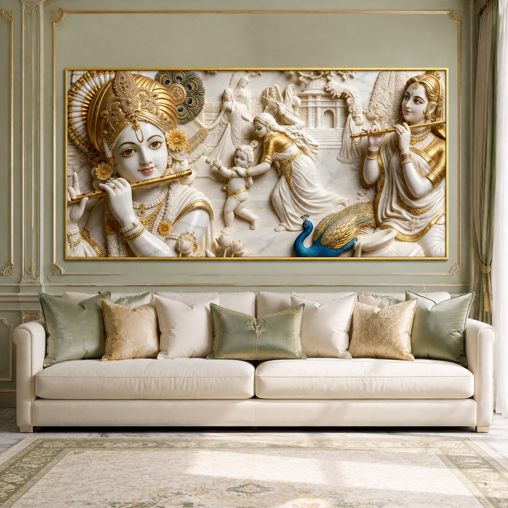 Artistic 3D Lord Krishna Flute and Radha White Gold Canvas Wall Art