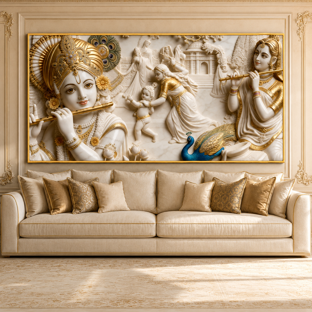 Artistic 3D Lord Krishna Flute and Radha White Gold Canvas Wall Art