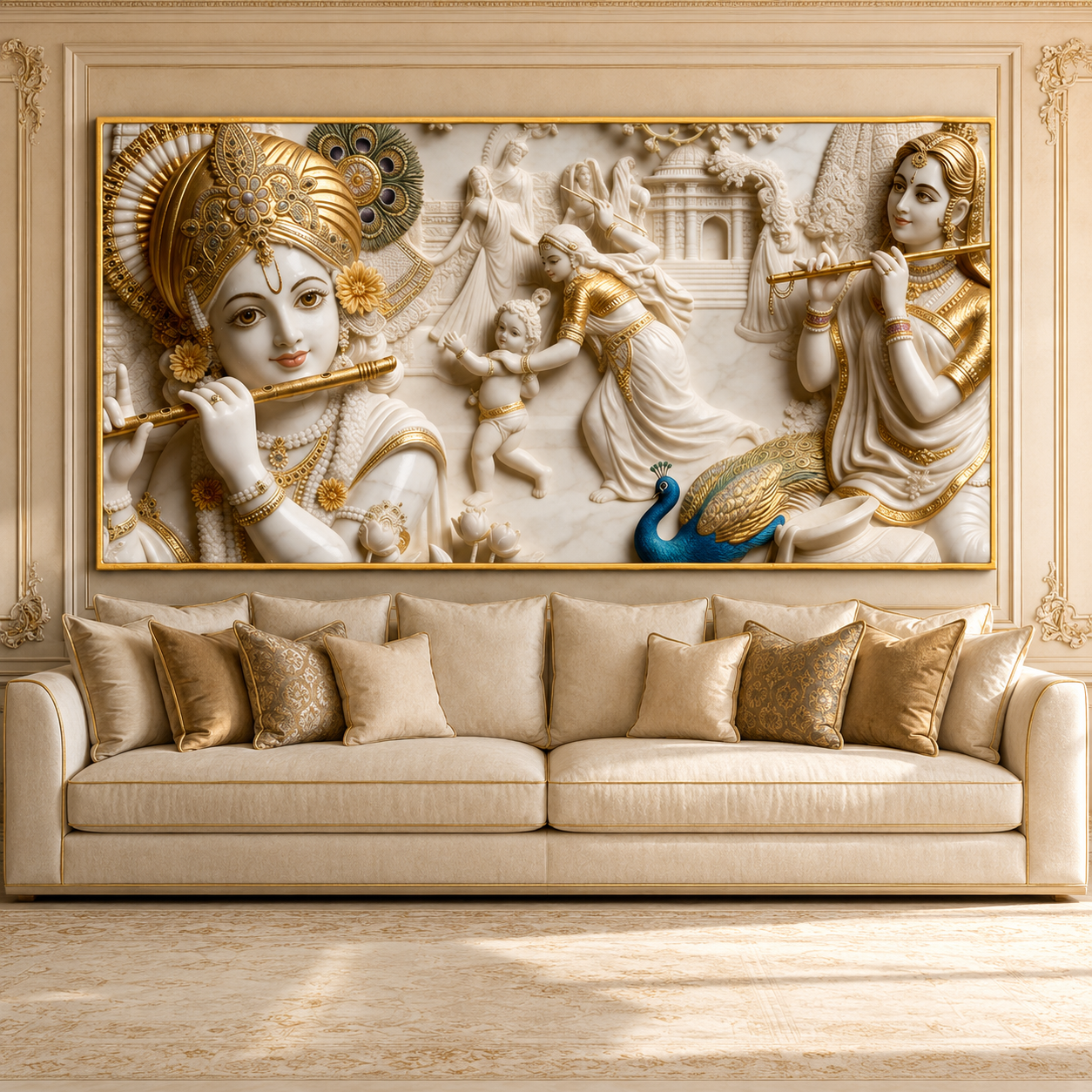 Artistic 3D Lord Krishna Flute and Radha White Gold Canvas Wall Art