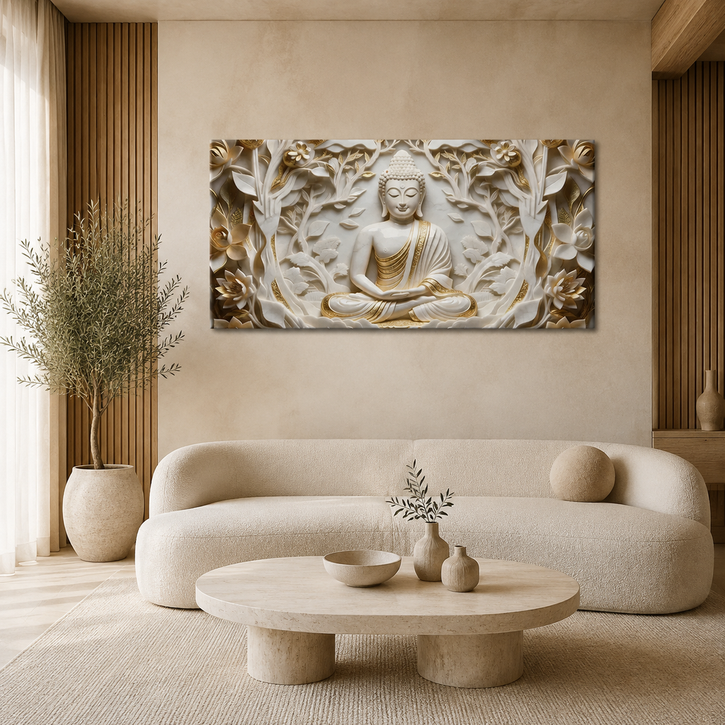 Spiritual Style 3D Relief Wall Painting Divine Meditating Buddha Artwork