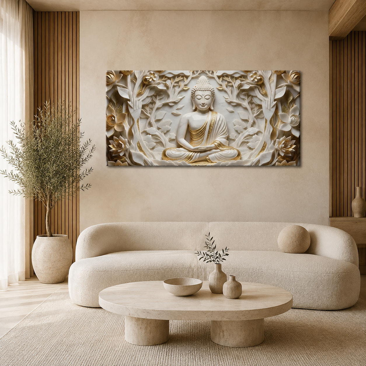 Spiritual Style 3D Relief Wall Painting Divine Meditating Buddha Artwork