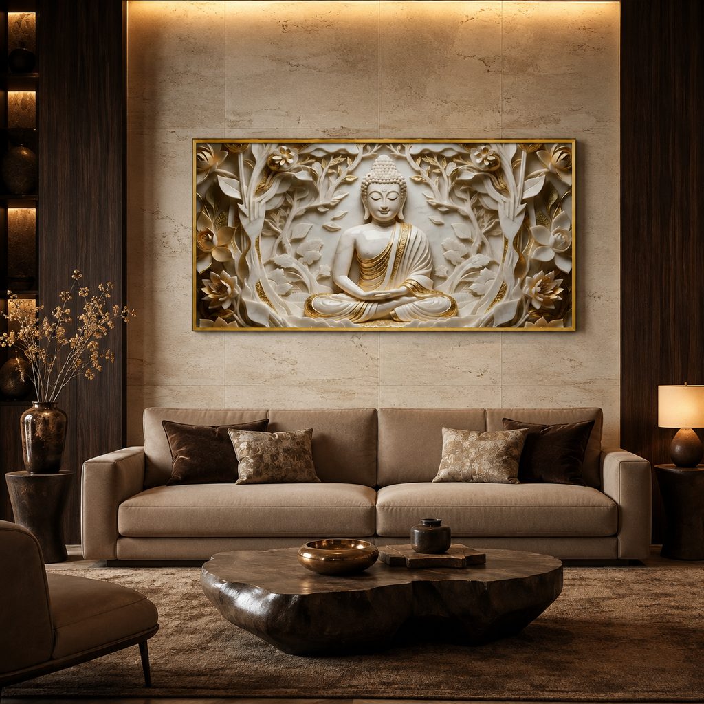 Spiritual Style 3D Relief Wall Painting Divine Meditating Buddha Artwork