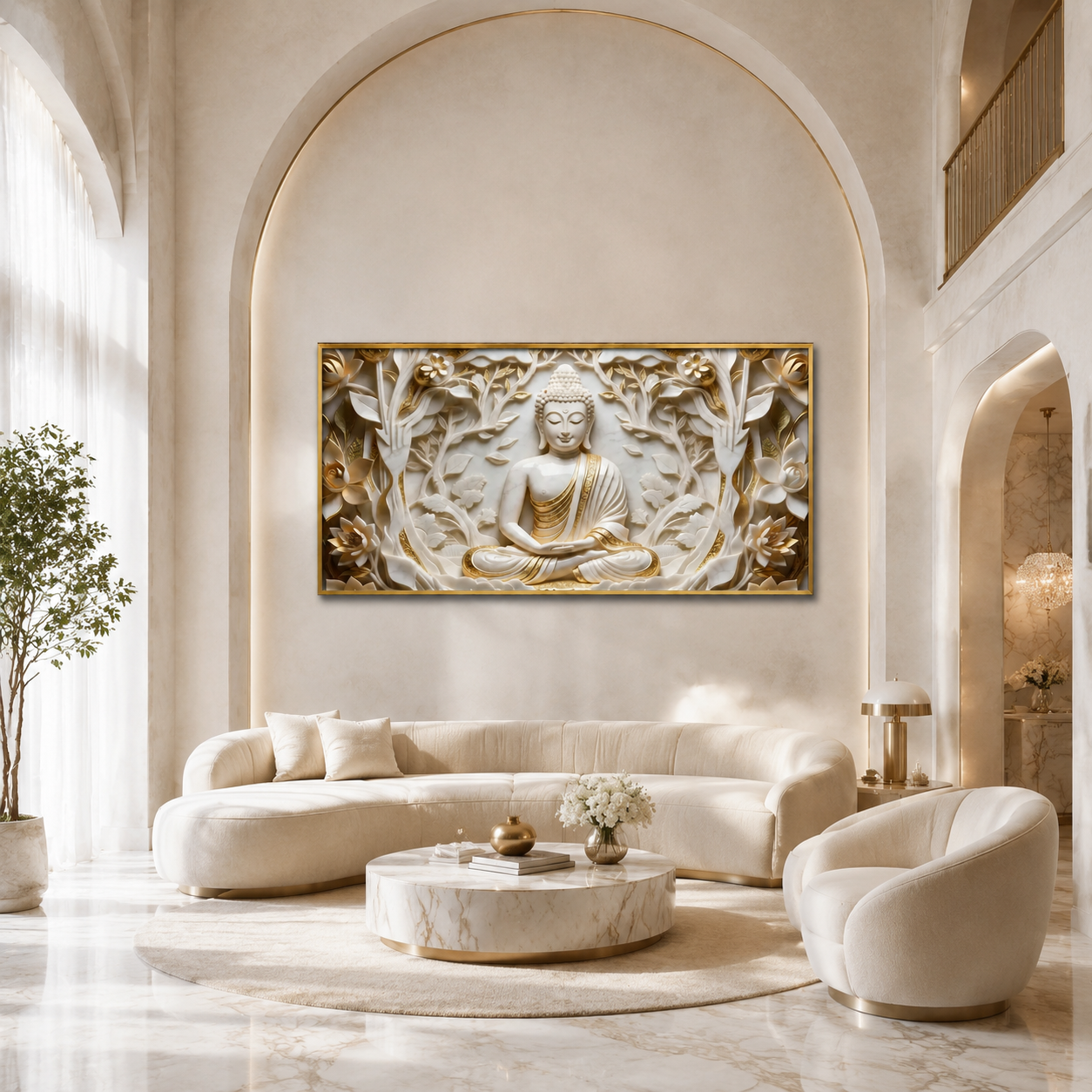 Spiritual Style 3D Relief Wall Painting Divine Meditating Buddha Artwork