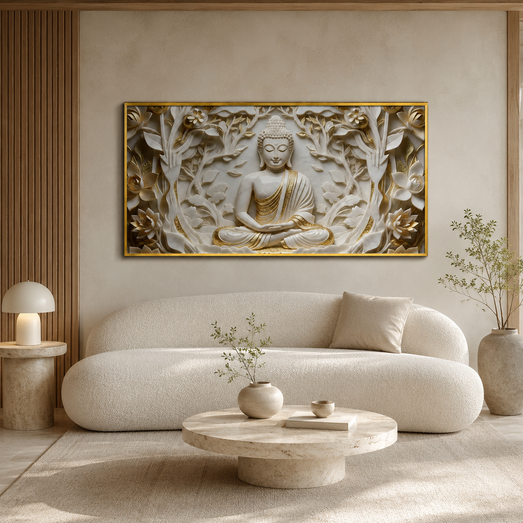 Spiritual Style 3D Relief Wall Painting Divine Meditating Buddha Artwork