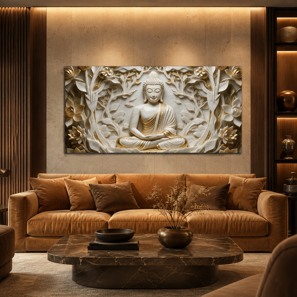 Spiritual Style 3D Relief Wall Painting Divine Meditating Buddha Artwork