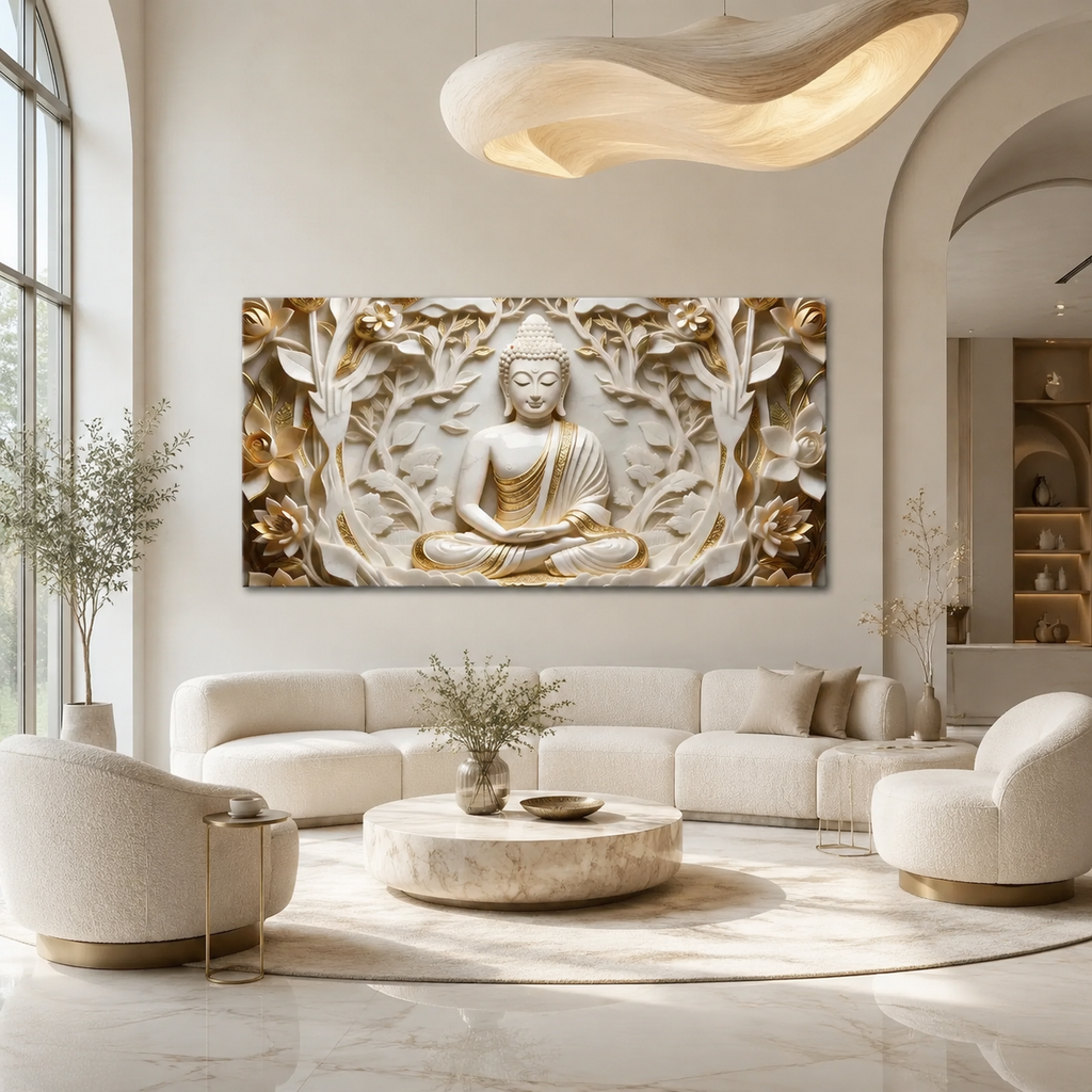 Spiritual Style 3D Relief Wall Painting Divine Meditating Buddha Artwork