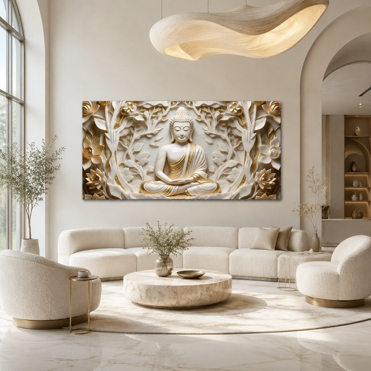 Spiritual Style 3D Relief Wall Painting Divine Meditating Buddha Artwork