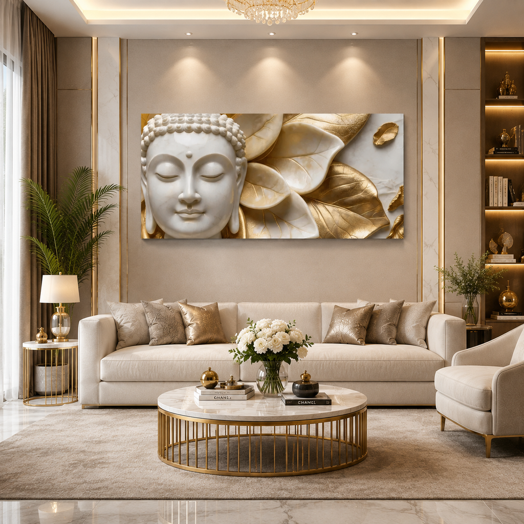 High End Textured 3D Marble Effect Wall Art Featuring Gold Accent Buddha Face