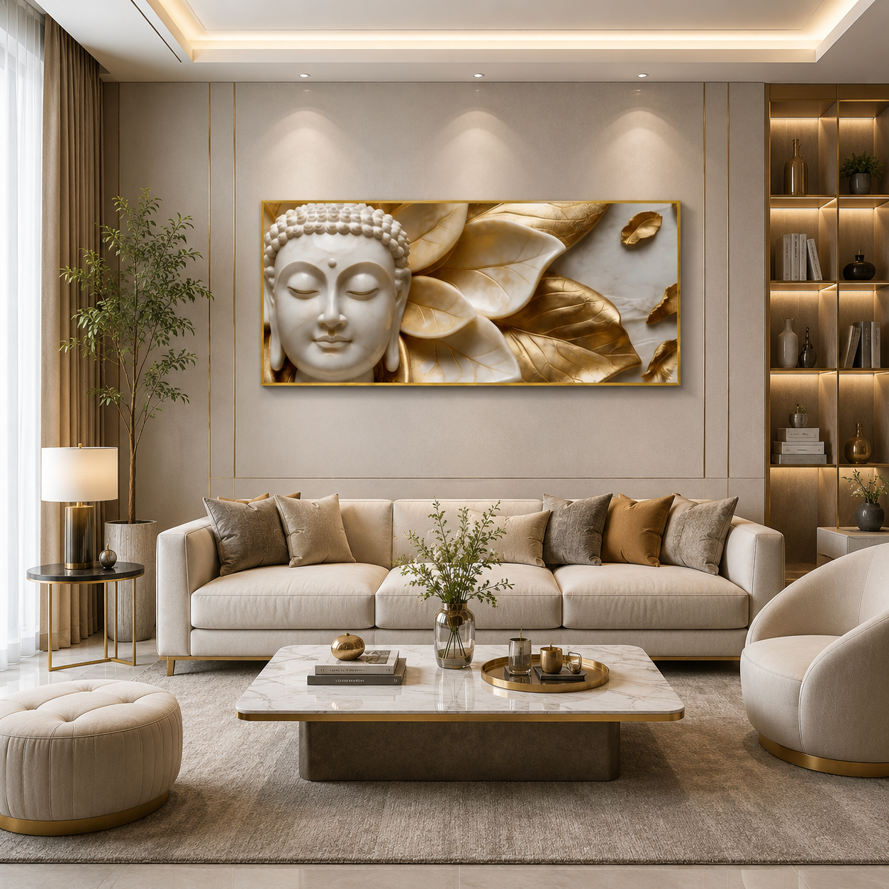 High End Textured 3D Marble Effect Wall Art Featuring Gold Accent Buddha Face