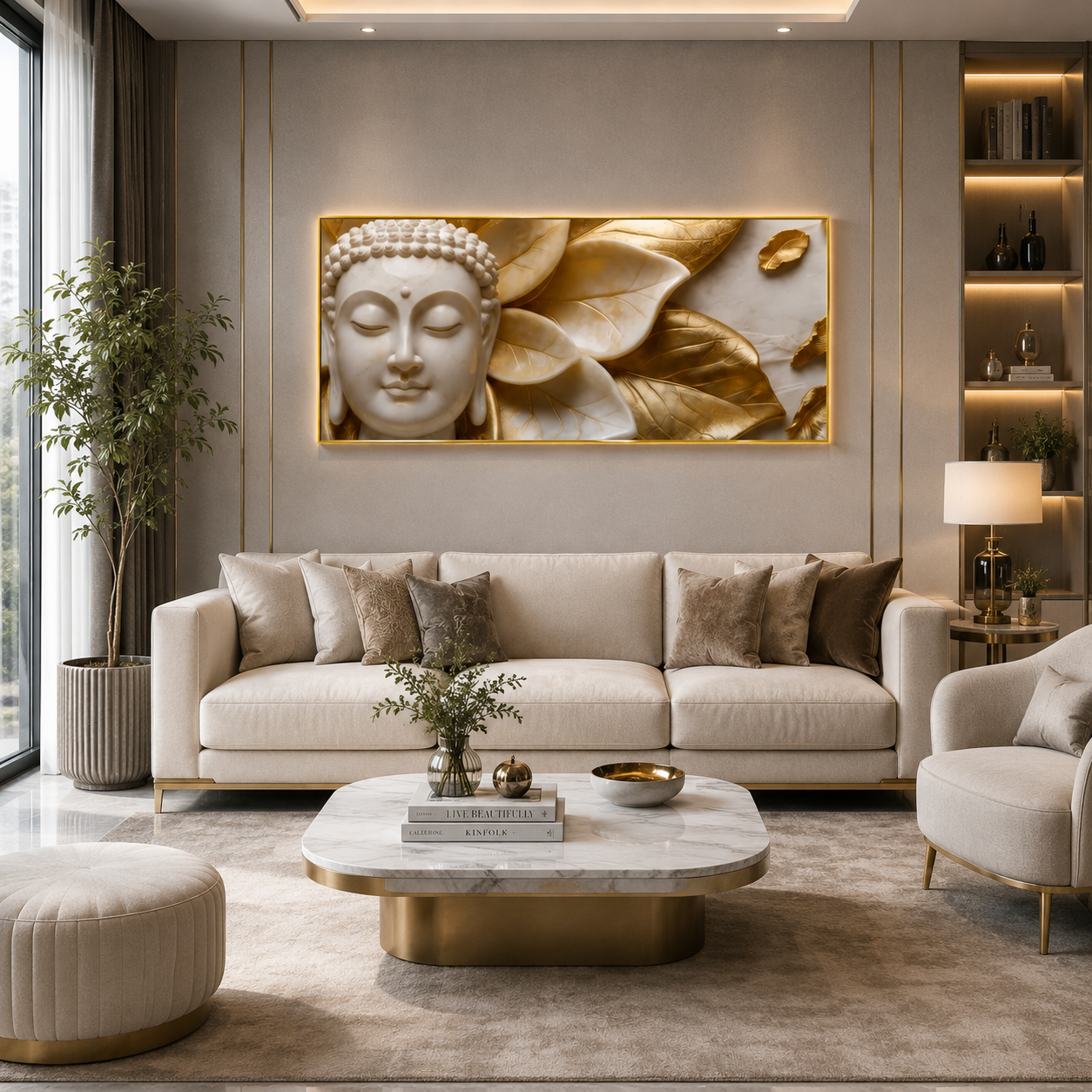 High End Textured 3D Marble Effect Wall Art Featuring Gold Accent Buddha Face