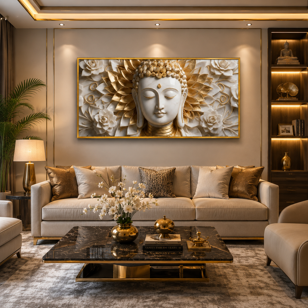 High End Textured 3D Marble Effect Wall Art Featuring Gold Accent Buddha Face