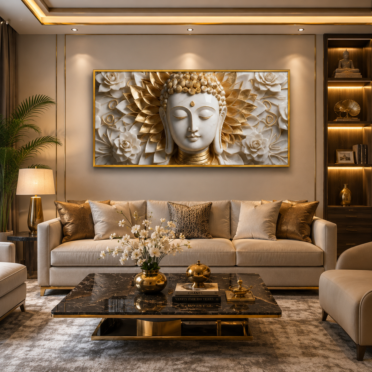 High End Textured 3D Marble Effect Wall Art Featuring Gold Accent Buddha Face
