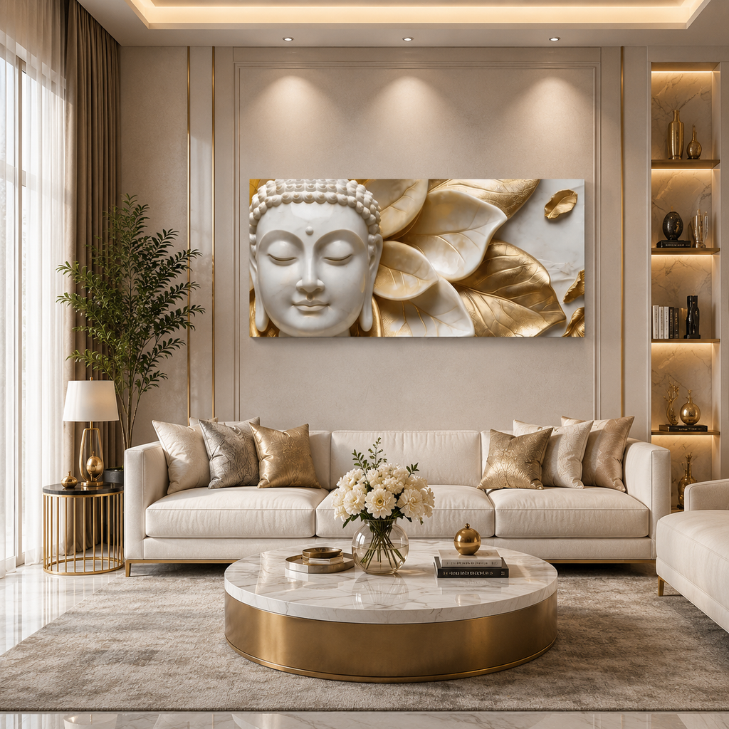 High End Textured 3D Marble Effect Wall Art Featuring Gold Accent Buddha Face