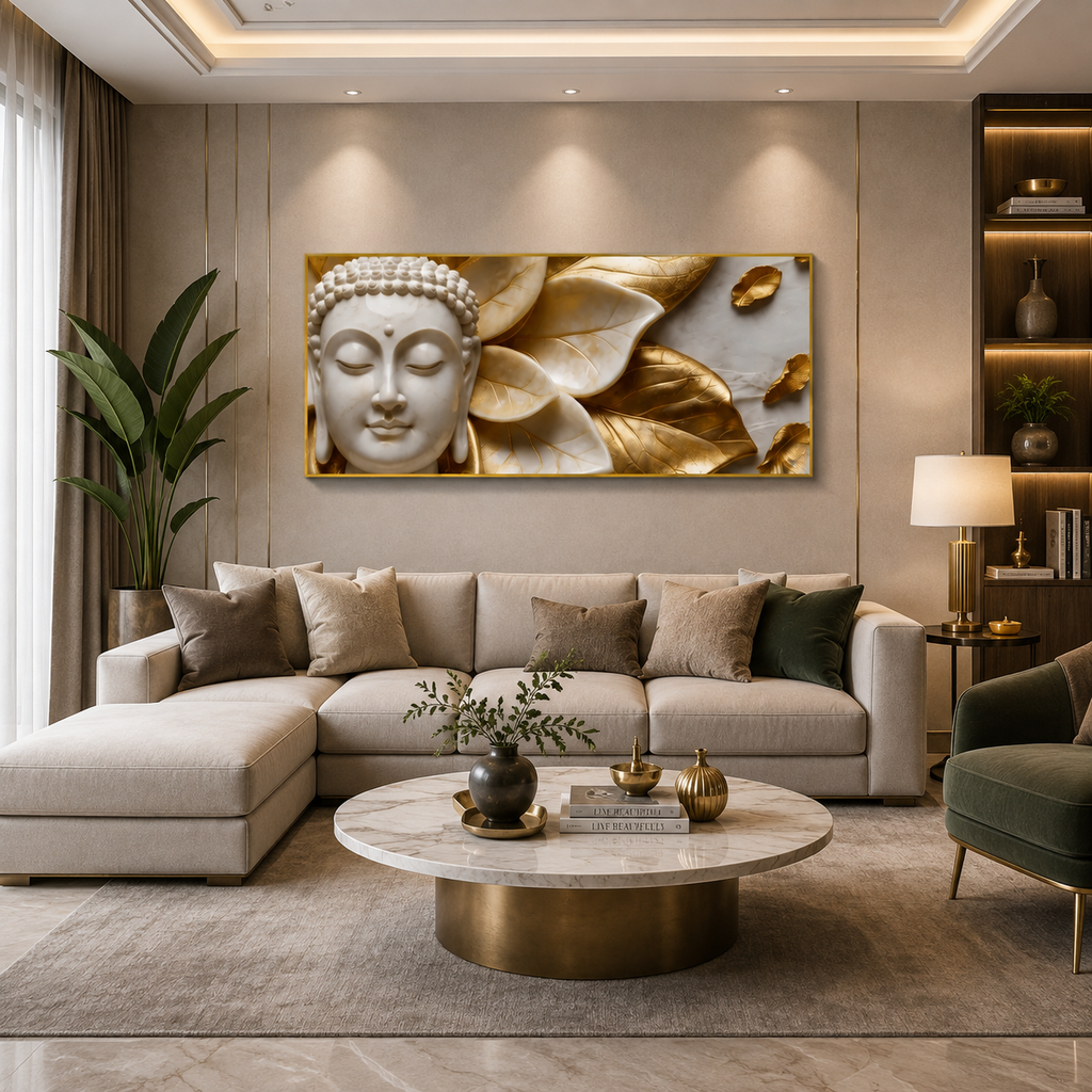High End Textured 3D Marble Effect Wall Art Featuring Gold Accent Buddha Face