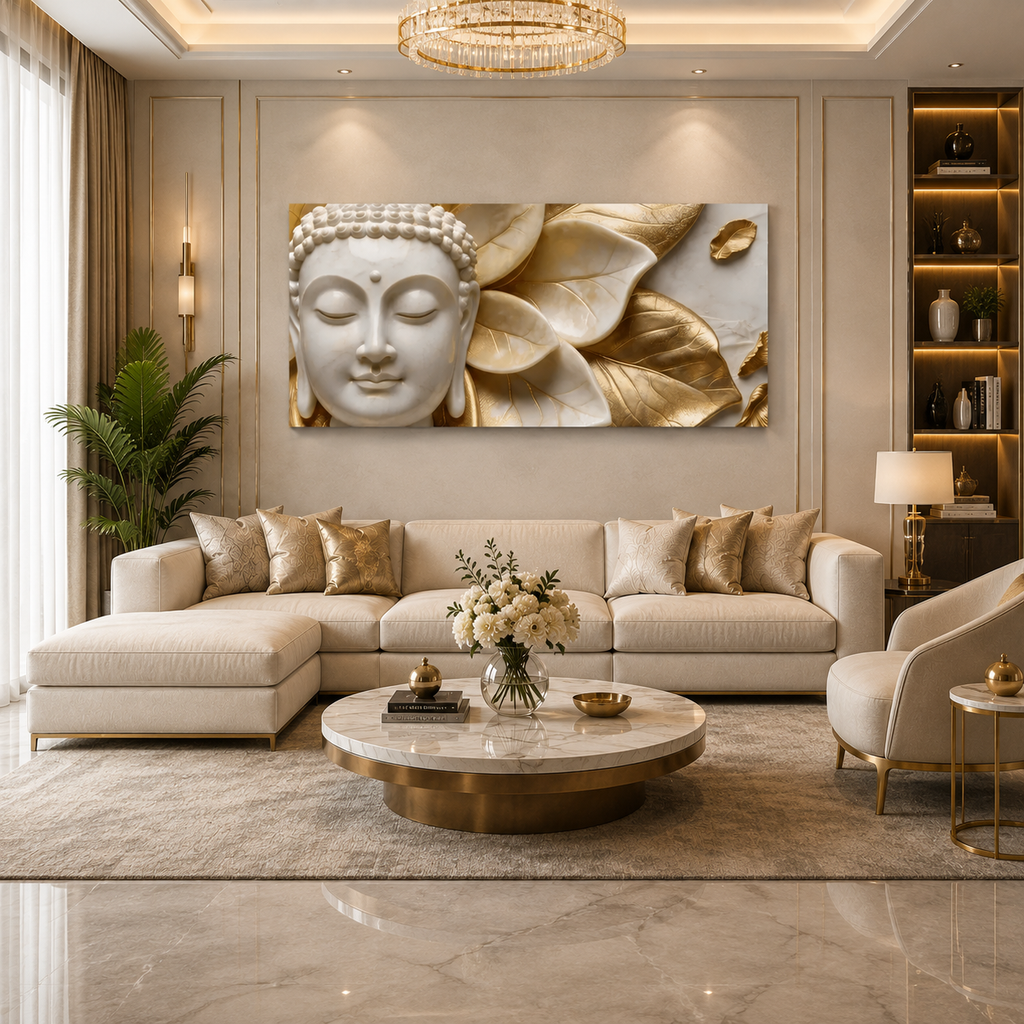 High End Textured 3D Marble Effect Wall Art Featuring Gold Accent Buddha Face