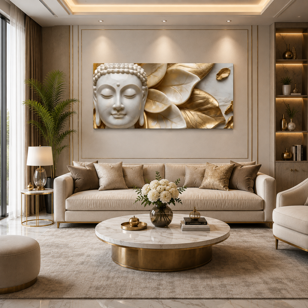 High End Textured 3D Marble Effect Wall Art Featuring Gold Accent Buddha Face