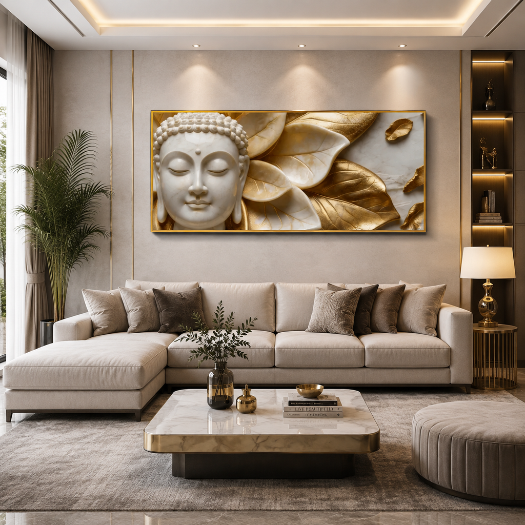 High End Textured 3D Marble Effect Wall Art Featuring Gold Accent Buddha Face