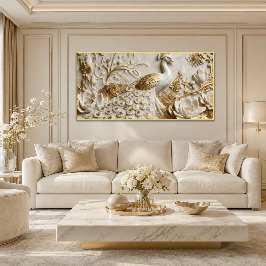 Modern 3D Peacock with Blooming Lotus Flowers - Premium Framed Gold Accent Wall Decor