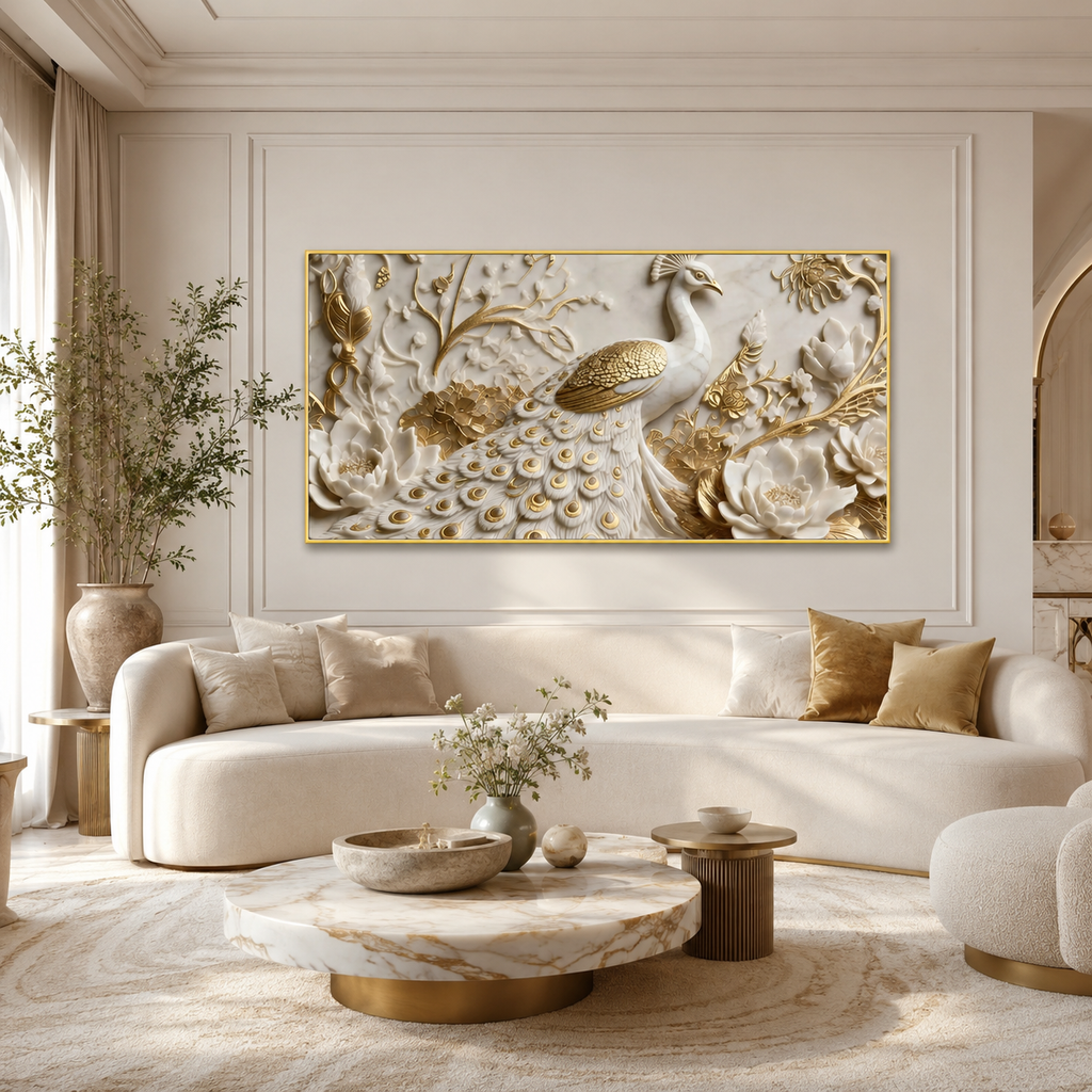 Modern 3D Peacock with Blooming Lotus Flowers - Premium Framed Gold Accent Wall Decor