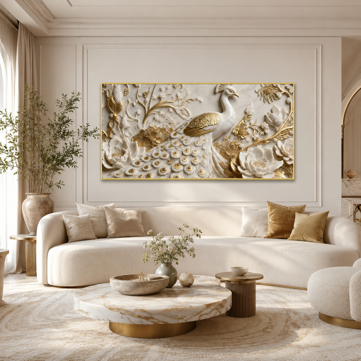 Modern 3D Peacock with Blooming Lotus Flowers - Premium Framed Gold Accent Wall Decor