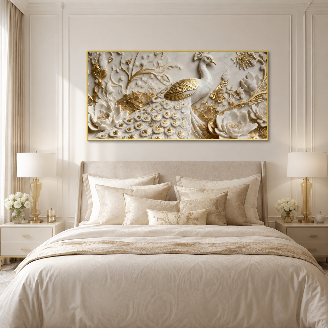 Modern 3D Peacock with Blooming Lotus Flowers - Premium Framed Gold Accent Wall Decor