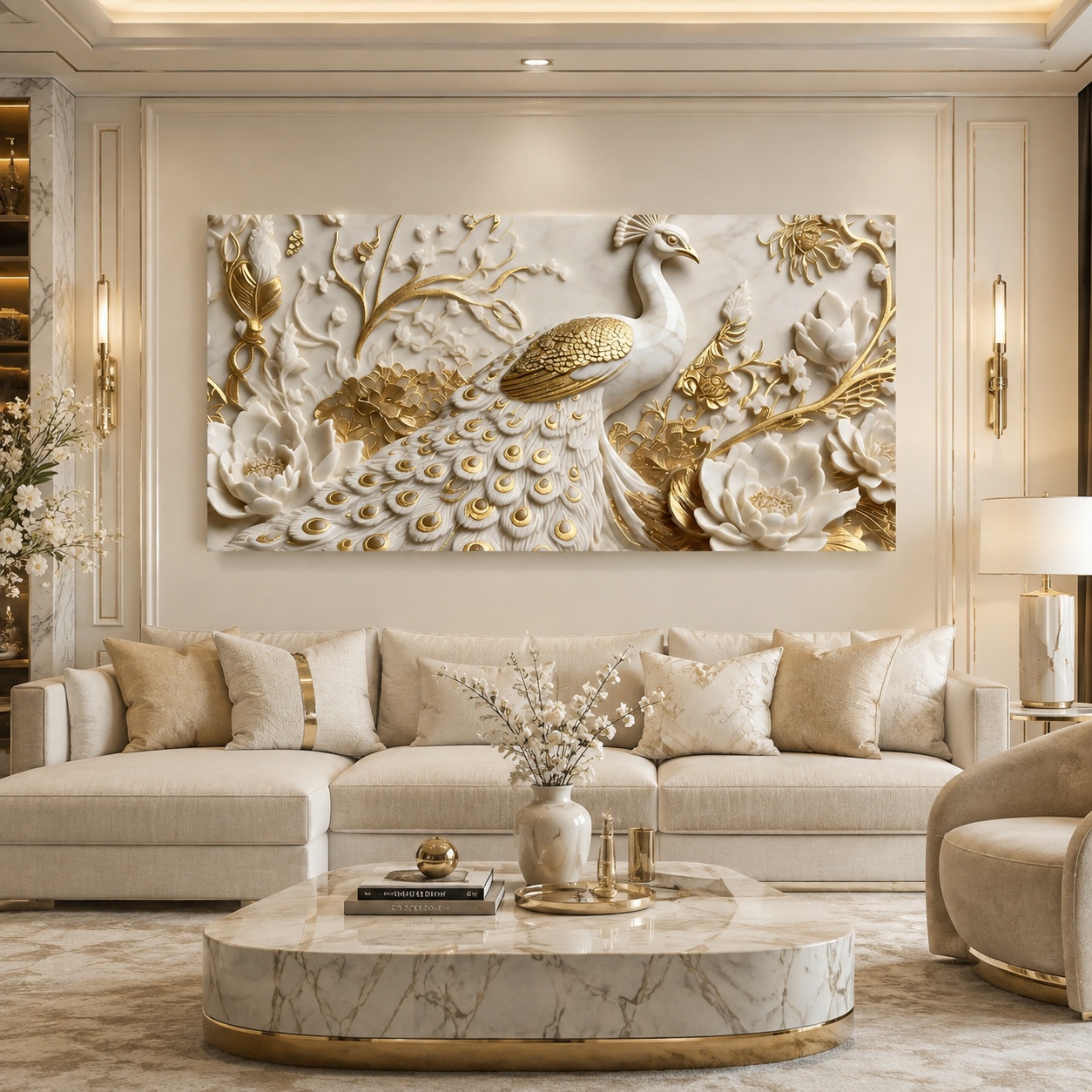 Modern 3D Peacock with Blooming Lotus Flowers - Premium Framed Gold Accent Wall Decor