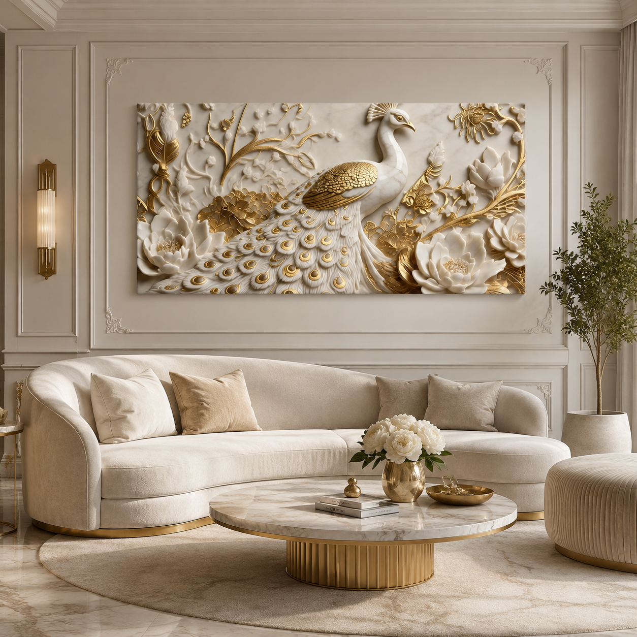 Modern 3D Peacock with Blooming Lotus Flowers - Premium Framed Gold Accent Wall Decor