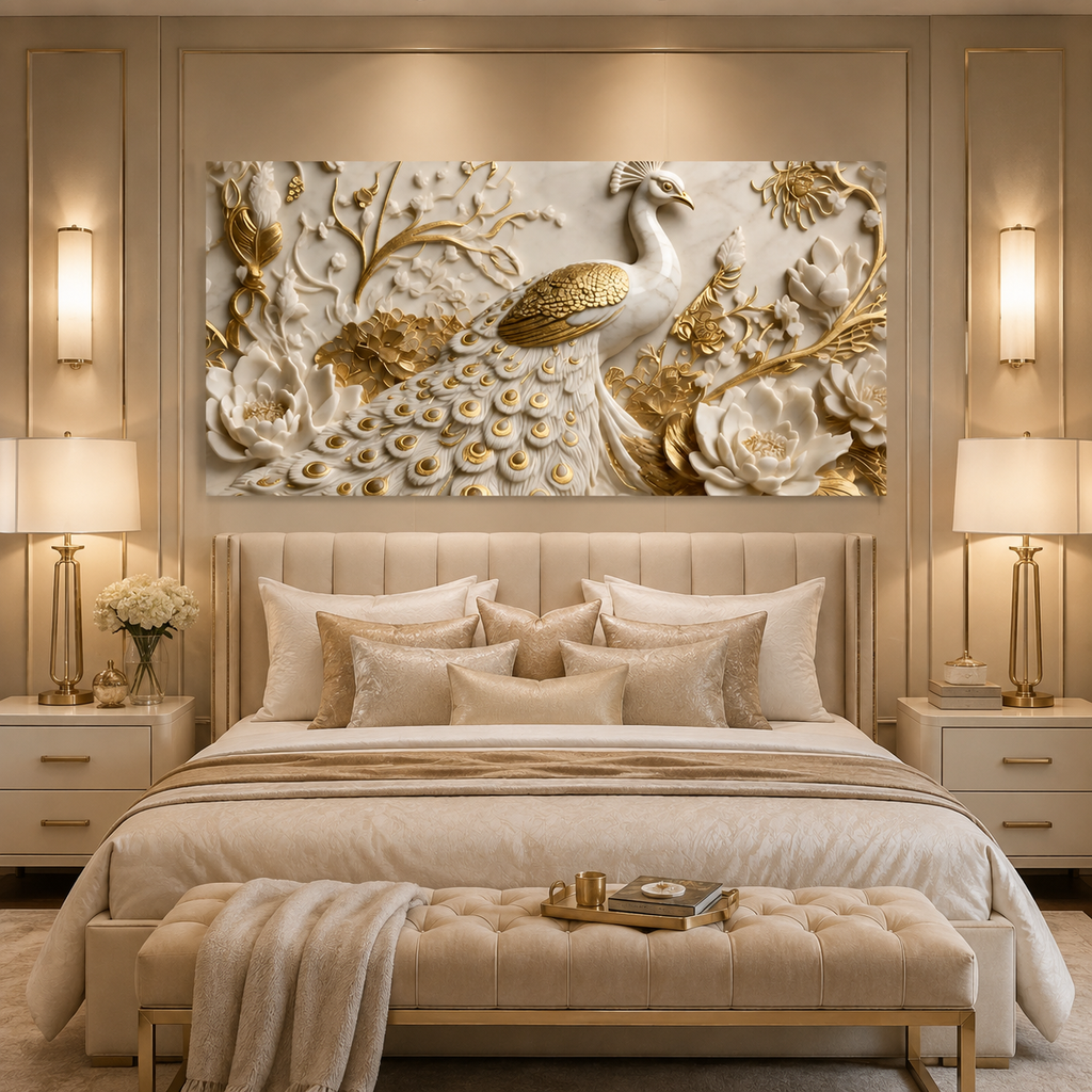Modern 3D Peacock with Blooming Lotus Flowers - Premium Framed Gold Accent Wall Decor