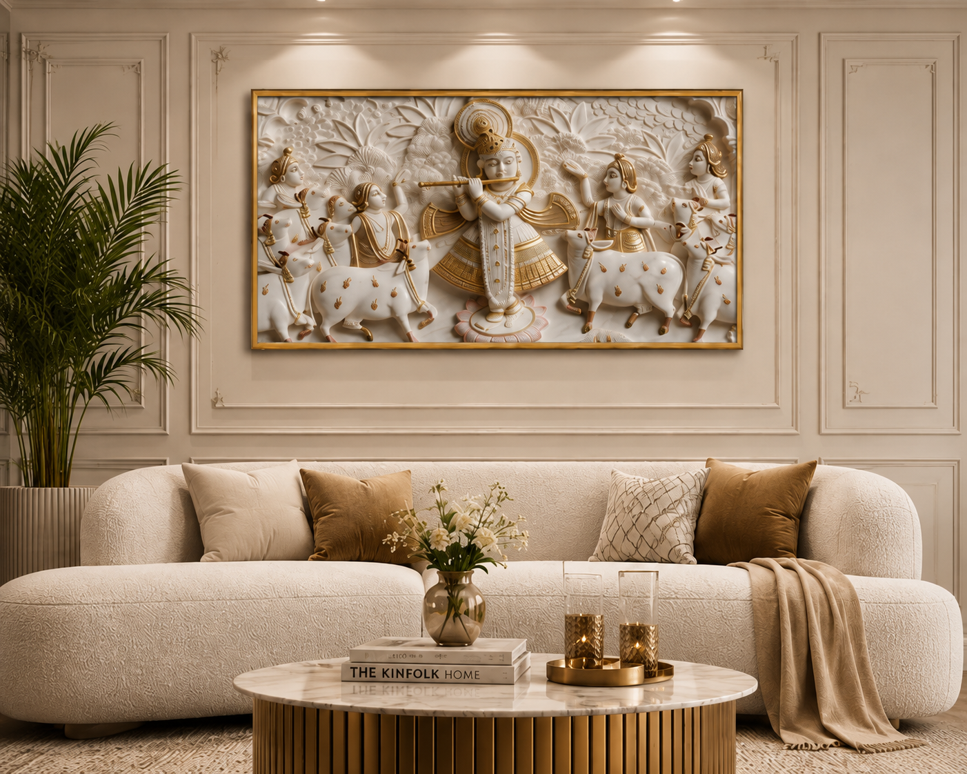 Minimalist Luxury 3D Marble Texture Wall Art Golden Flute Krishna Canvas Painting