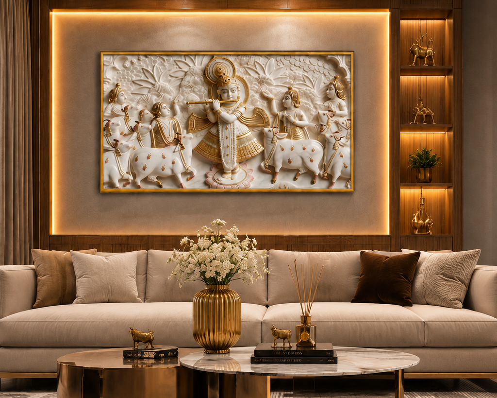 Minimalist Luxury 3D Marble Texture Wall Art Golden Flute Krishna Canvas Painting