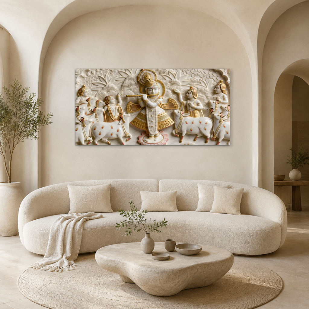 Minimalist Luxury 3D Marble Texture Wall Art Golden Flute Krishna Canvas Painting