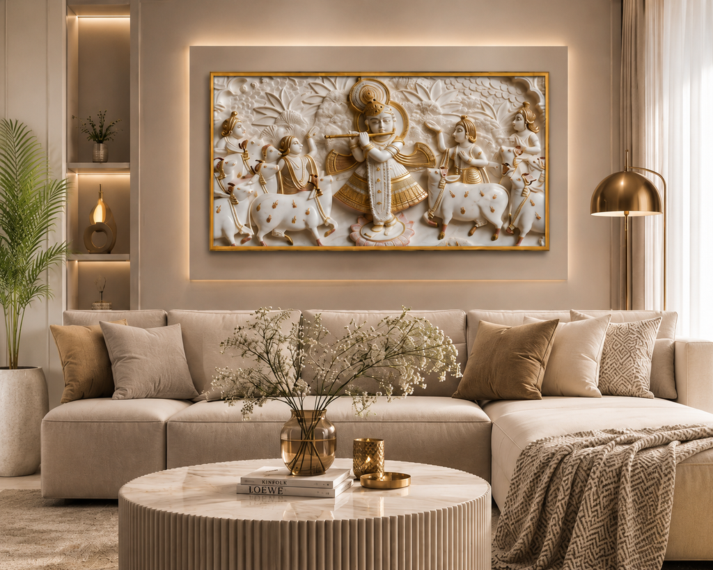 Minimalist Luxury 3D Marble Texture Wall Art Golden Flute Krishna Canvas Painting