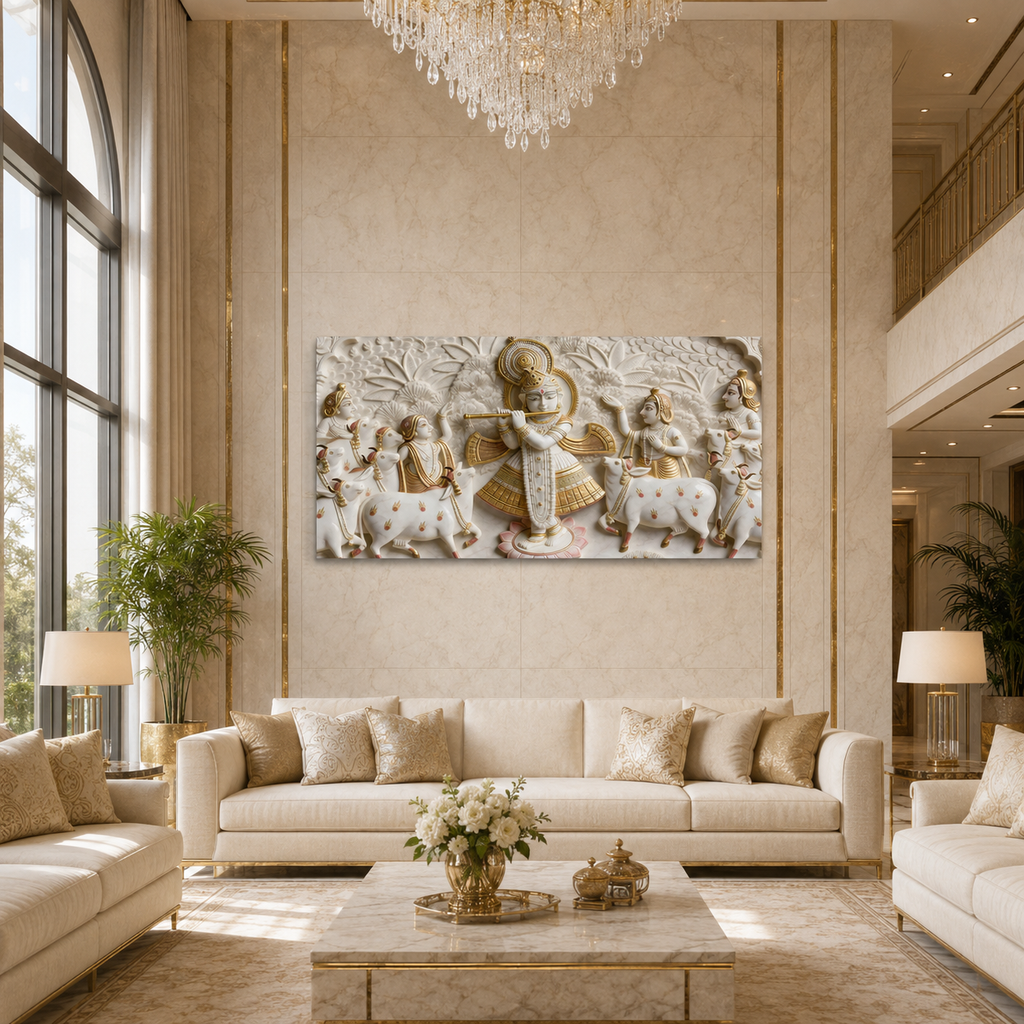 Minimalist Luxury 3D Marble Texture Wall Art Golden Flute Krishna Canvas Painting