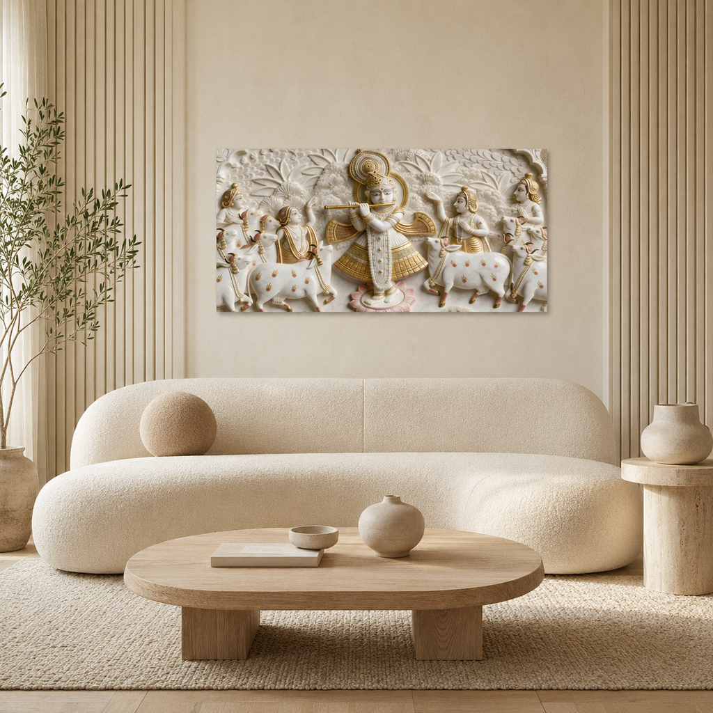 Minimalist Luxury 3D Marble Texture Wall Art Golden Flute Krishna Canvas Painting