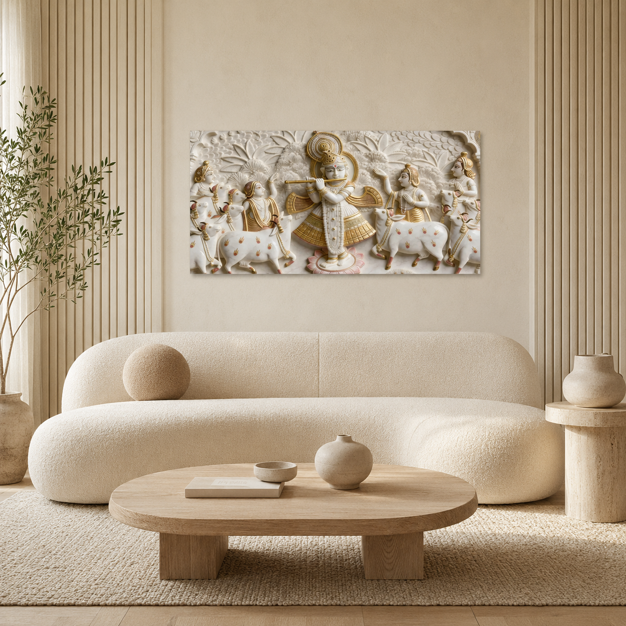 Minimalist Luxury 3D Marble Texture Wall Art Golden Flute Krishna Canvas Painting