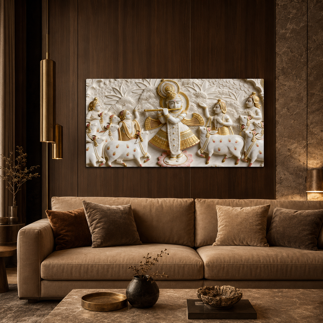 Minimalist Luxury 3D Marble Texture Wall Art Golden Flute Krishna Canvas Painting
