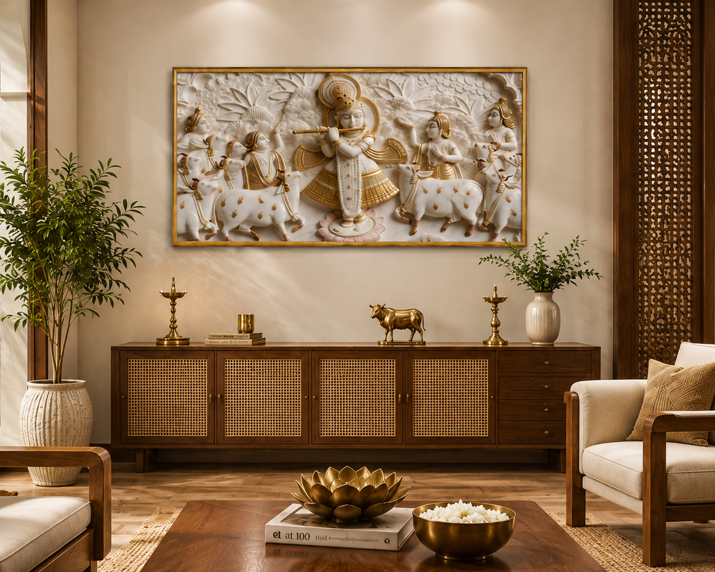 Minimalist Luxury 3D Marble Texture Wall Art Golden Flute Krishna Canvas Painting