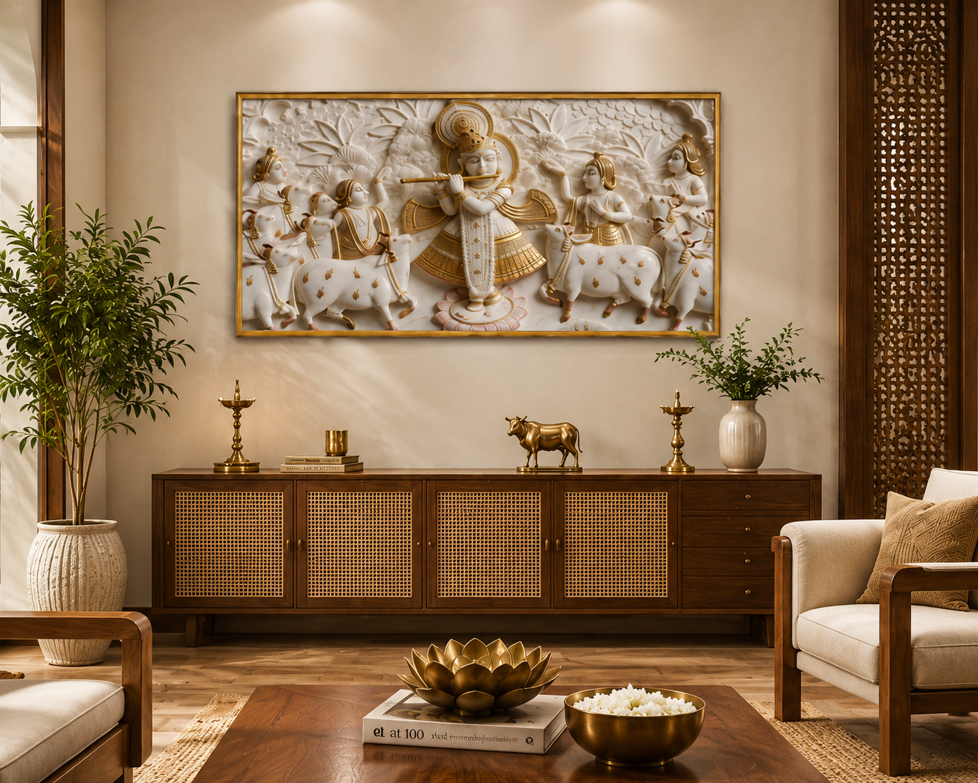 Minimalist Luxury 3D Marble Texture Wall Art Golden Flute Krishna Canvas Painting