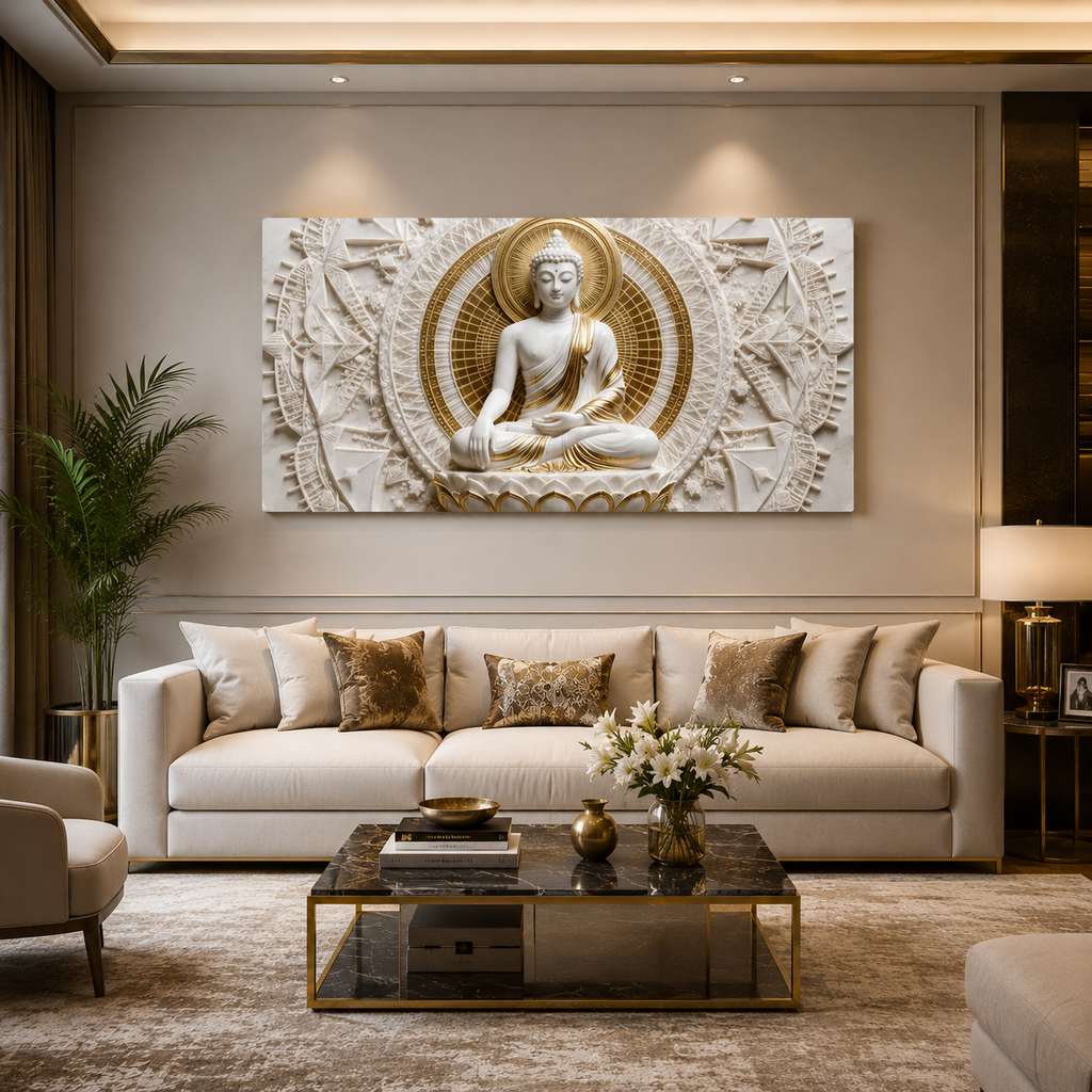 Elegant 3D Meditating Buddha Canvas Print Wall Decor Frame Home