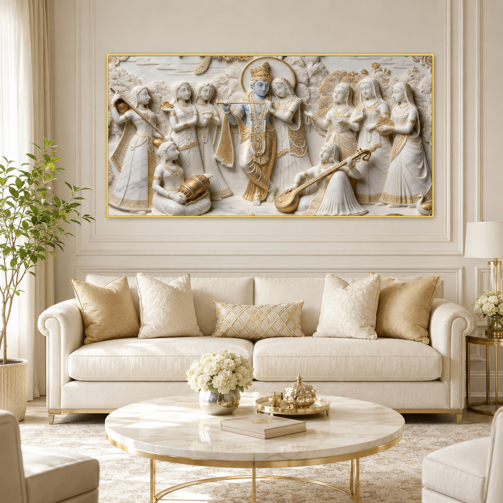 Luxury Radha Krishna 3D Painting – Traditional Indian Divine Artwork for Living Room