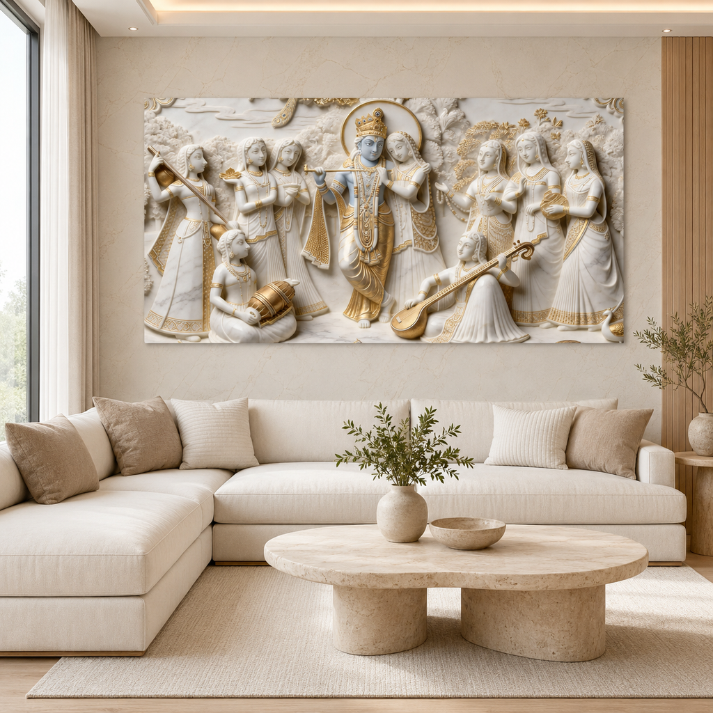 Luxury Radha Krishna 3D Painting – Traditional Indian Divine Artwork for Living Room
