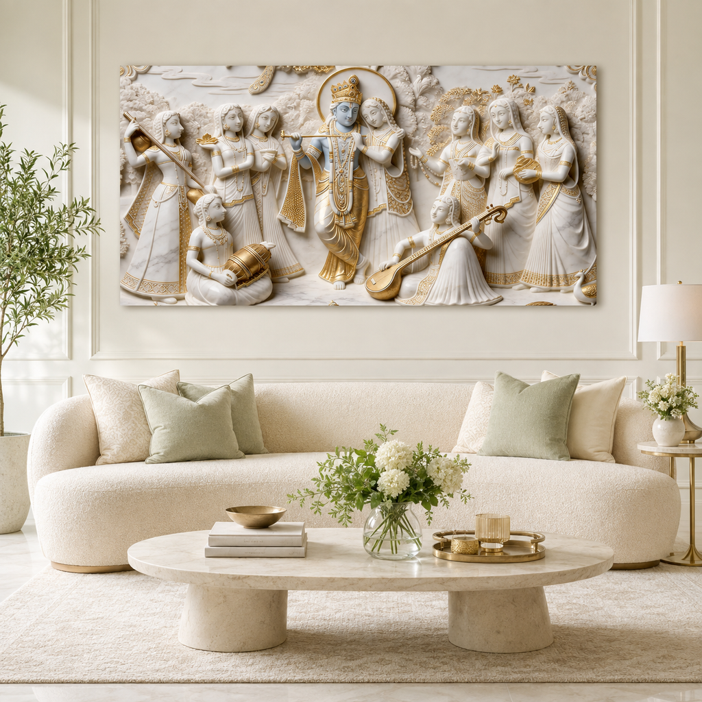 Luxury Radha Krishna 3D Painting – Traditional Indian Divine Artwork for Living Room