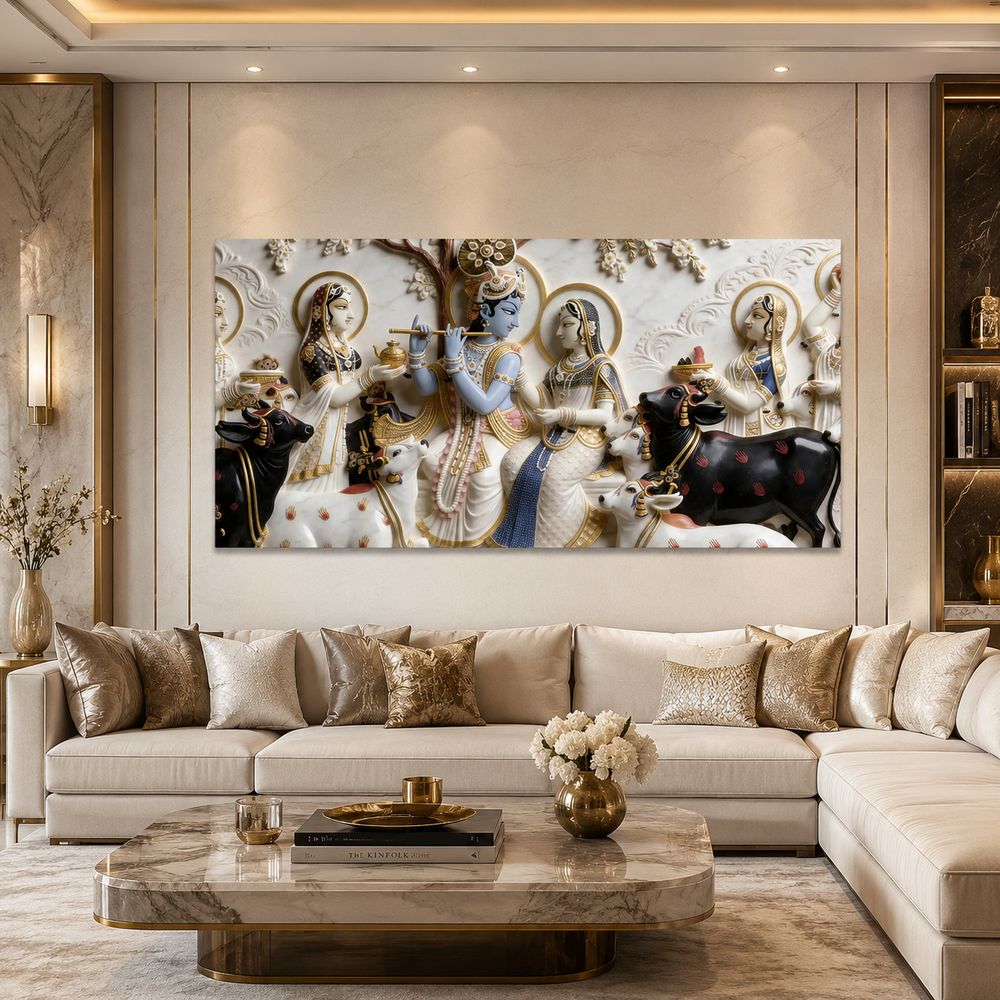Modern Luxury 3D Divine Krishna Family Wall Decor - Sculpted Relief Canvas for Living Room