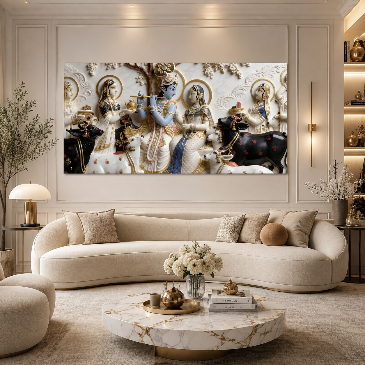 Modern Luxury 3D Divine Krishna Family Wall Decor - Sculpted Relief Canvas for Living Room