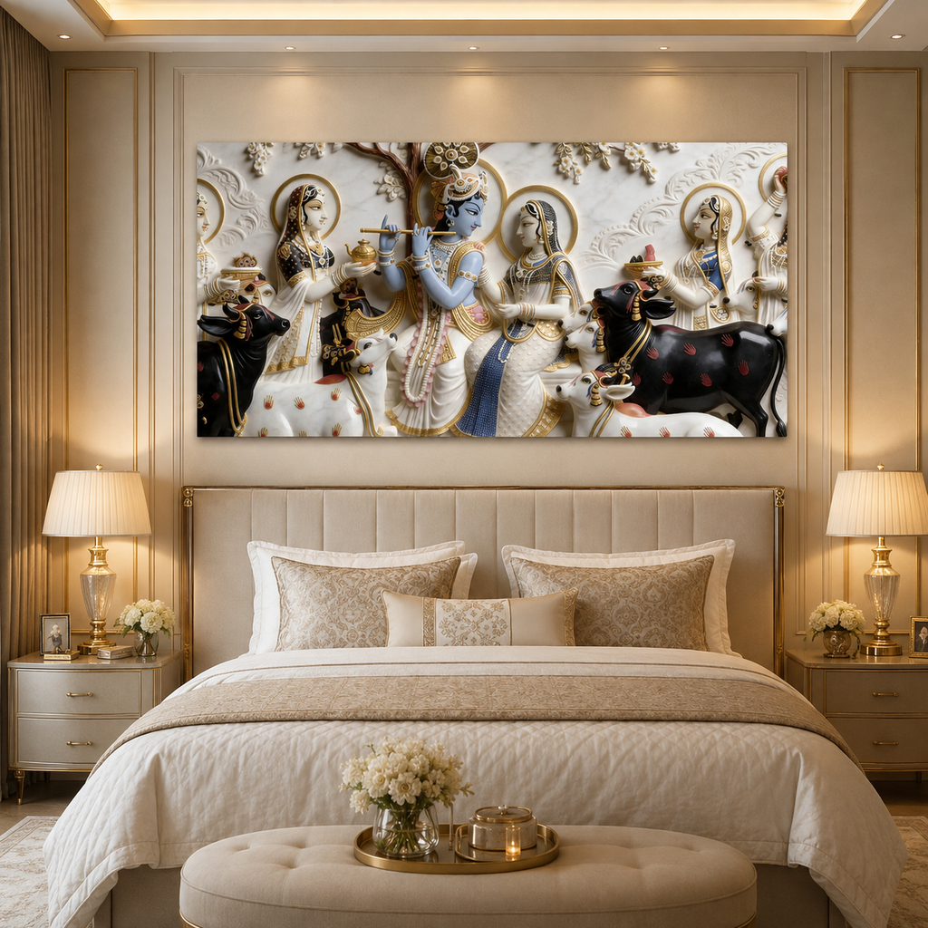 Modern Luxury 3D Divine Krishna Family Wall Decor - Sculpted Relief Canvas for Living Room
