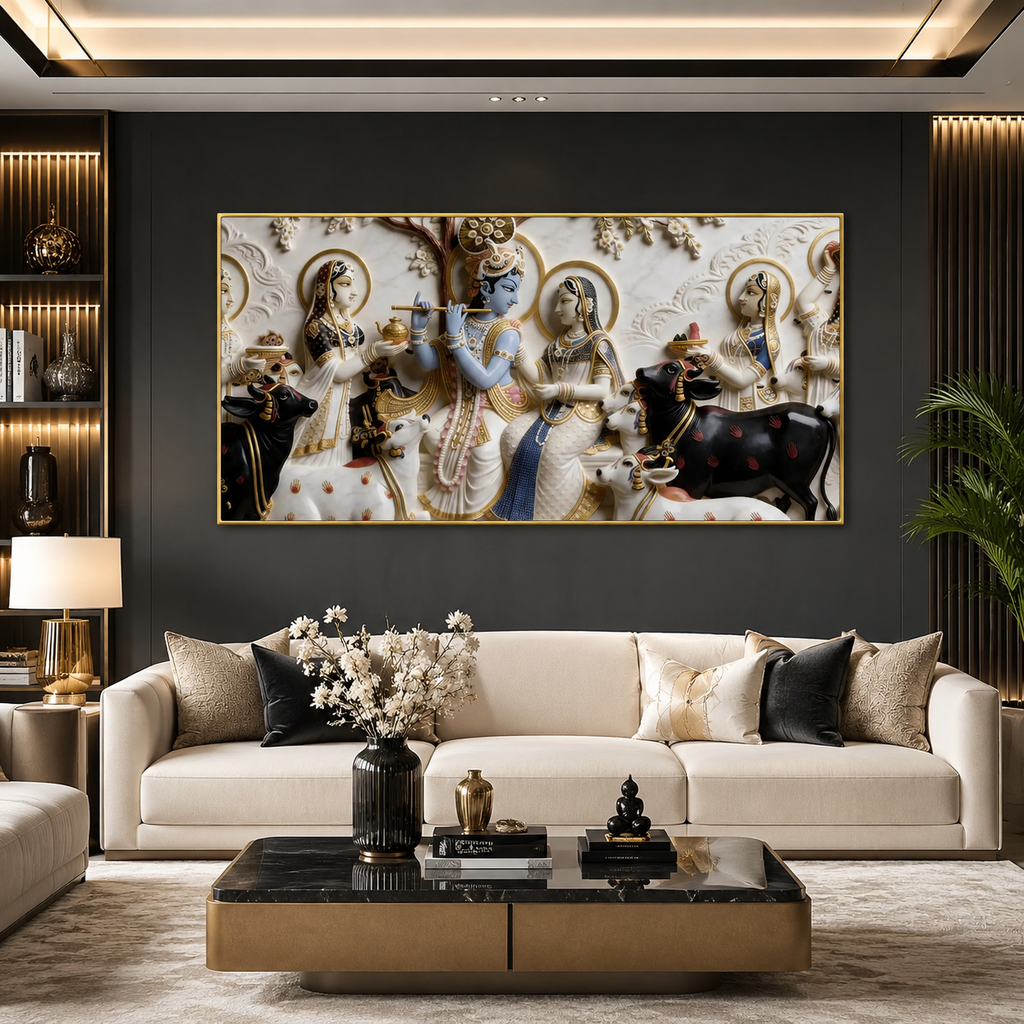 Modern Luxury 3D Divine Krishna Family Wall Decor - Sculpted Relief Canvas for Living Room